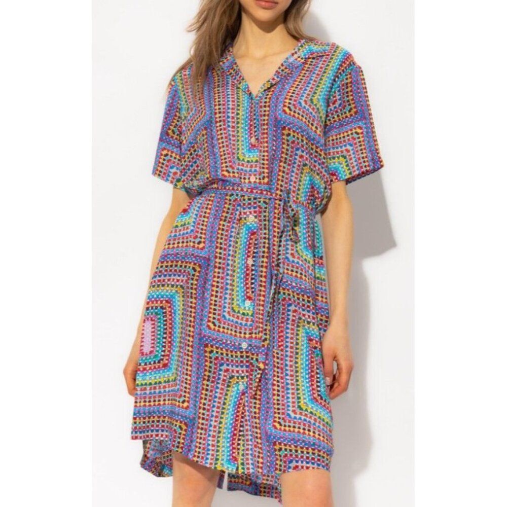 ALLSAINTS Athea Luisa Dress Multi Color colorful Print Short Sleeve Belted 4